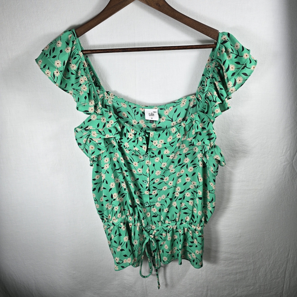 Cabi Women’s Medium Green Daisy Print Button Front Sleeveless Blouse NWT